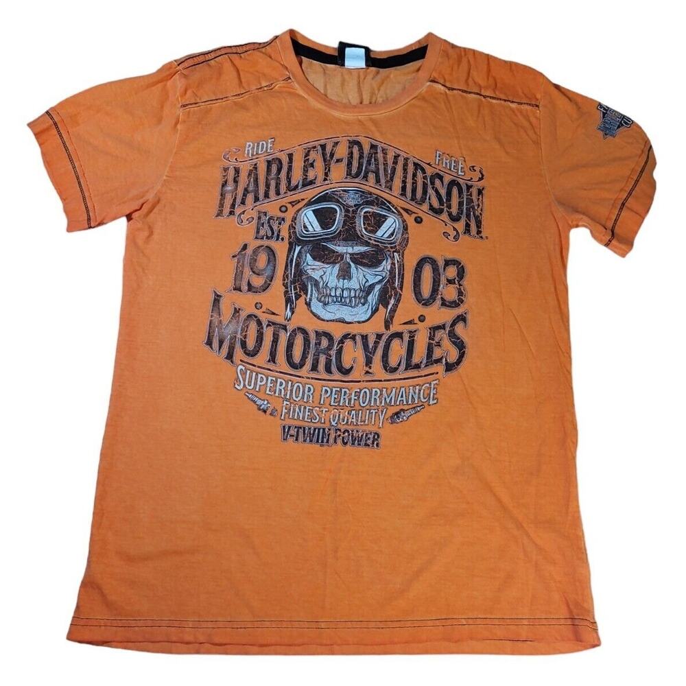 Harley-Davidson Skull Tee S Orange Retro Biker Streetwear Retro Graphic Edgy Y2K